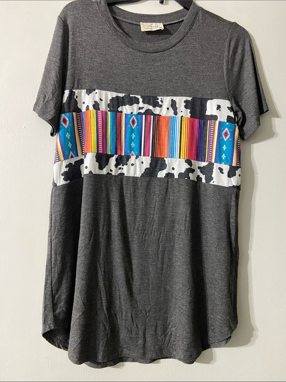 Avery Gray Tee with Multicolor Serape Stripe and Cow Print